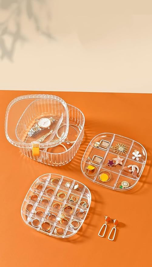 Transparent Jewelry Organizer Box with 3-Layer Compartments, Stackable Storage Case