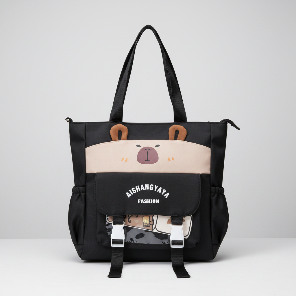A black tote bag with a cute bear face design on the front pocket, featuring brown ears, a beige snout and forehead, and white text that reads 'AISHANGYAYA FASHION'.