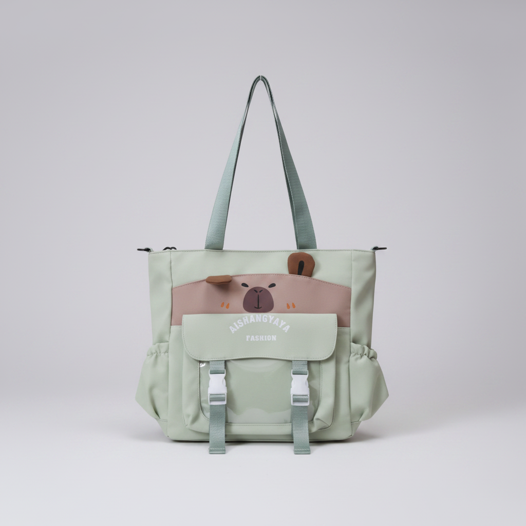 A sage green canvas shoulder bag with a cute cartoon capybara face on the front pocket, featuring a pinkish-beige accent panel, adjustable straps, and a front buckle closure.