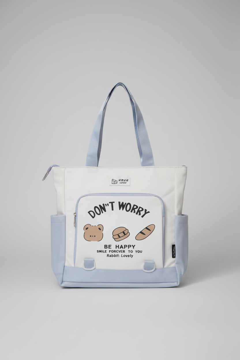A cream canvas tote bag with light blue trim, handles, and side pockets. The front features a large patch pocket with a white insert that reads 'DON'T WORRY BE HAPPY' and includes cute illustrations of a bear, a sandwich, and a baguette.