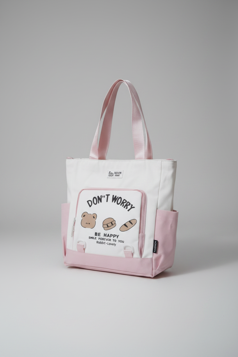 A white canvas tote bag with light pink trim, handles, and side pockets. The front features a large white patch pocket with a cute cartoon design showing a bear, a sandwich, and a baguette, accompanied by the text 'DON'T WORRY BE HAPPY'.