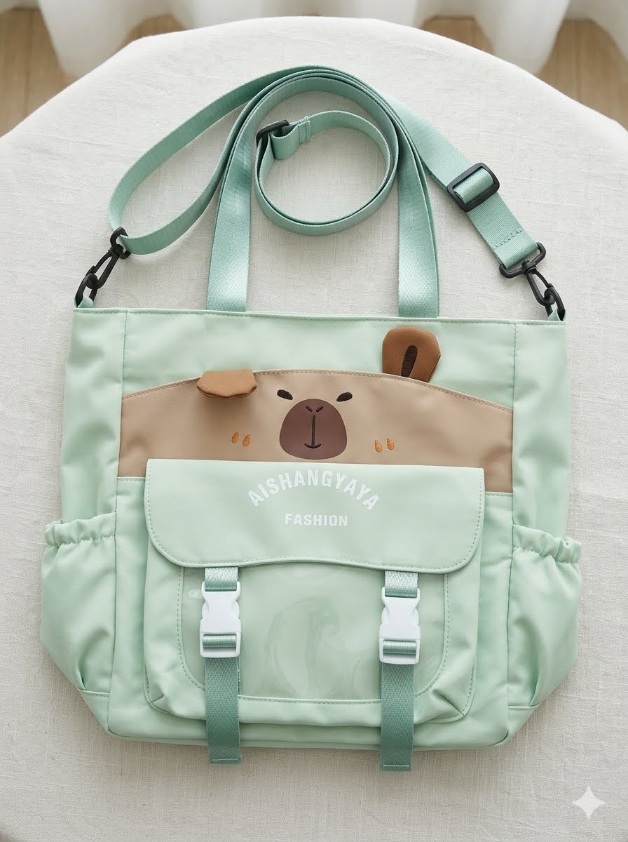 Capybara Bear Pink Tote Bag with Transparent Pocket & Charm