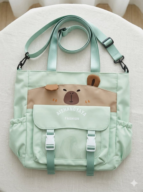 Capybara Bear Pink Tote Bag with Transparent Pocket & Charm