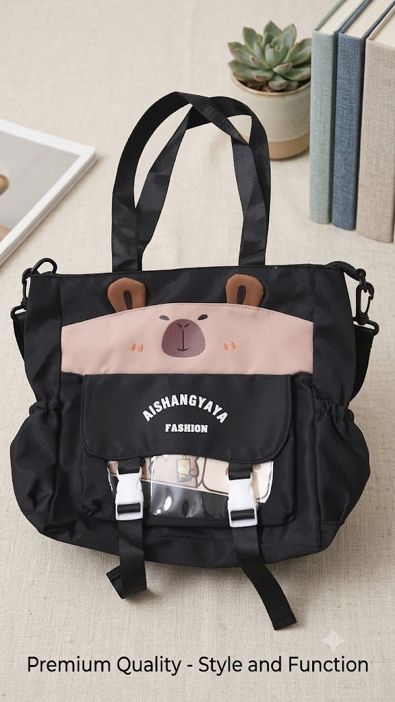 Capybara Bear Pink Tote Bag with Transparent Pocket & Charm