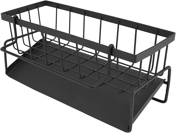 Kitchen Sink Caddy, Multifunctional Sponge Holder for Kitchen Sink with Hanging Rod & Removable Dividers, Kitchen Sink Organizer for Sponges Brushes & Soap (Black)