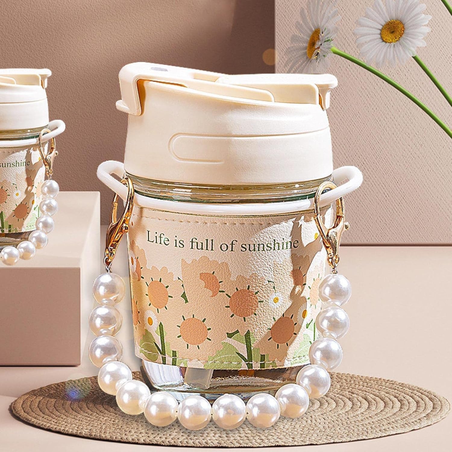 White Pearl Moti Mug Glass Coffee Mugs with Pearl Chain Belt & Sleeve, Reusable Travel Sipper with Double Drink Straw and Lids