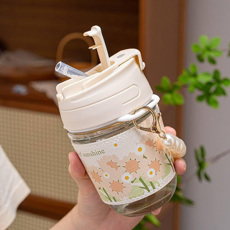 White Pearl Moti Mug Glass Coffee Mugs with Pearl Chain Belt & Sleeve, Reusable Travel Sipper with Double Drink Straw and Lids