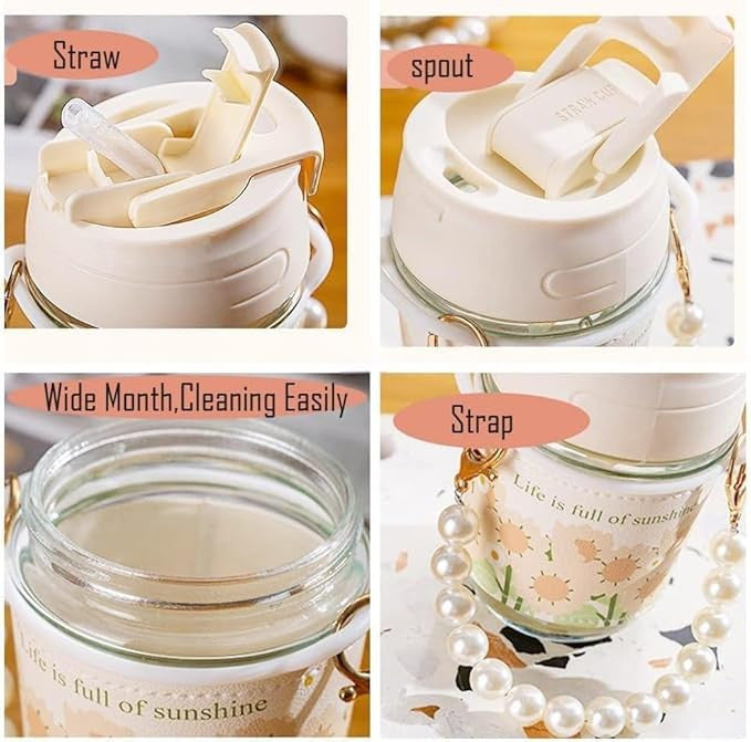 White Pearl Moti Mug Glass Coffee Mugs with Pearl Chain Belt & Sleeve, Reusable Travel Sipper with Double Drink Straw and Lids
