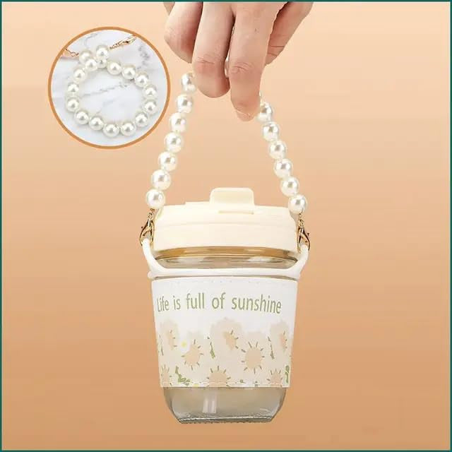 White Pearl Moti Mug Glass Coffee Mugs with Pearl Chain Belt & Sleeve, Reusable Travel Sipper with Double Drink Straw and Lids