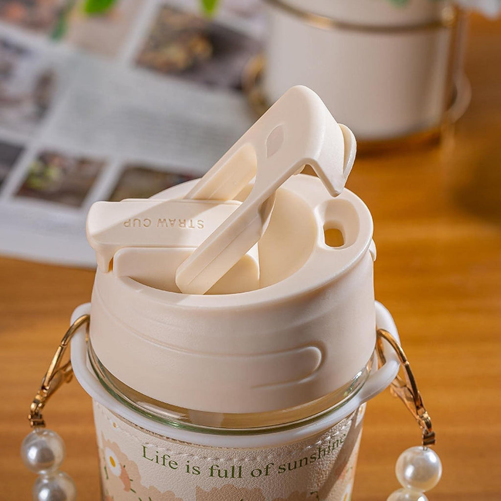 White Pearl Moti Mug Glass Coffee Mugs with Pearl Chain Belt & Sleeve, Reusable Travel Sipper with Double Drink Straw and Lids