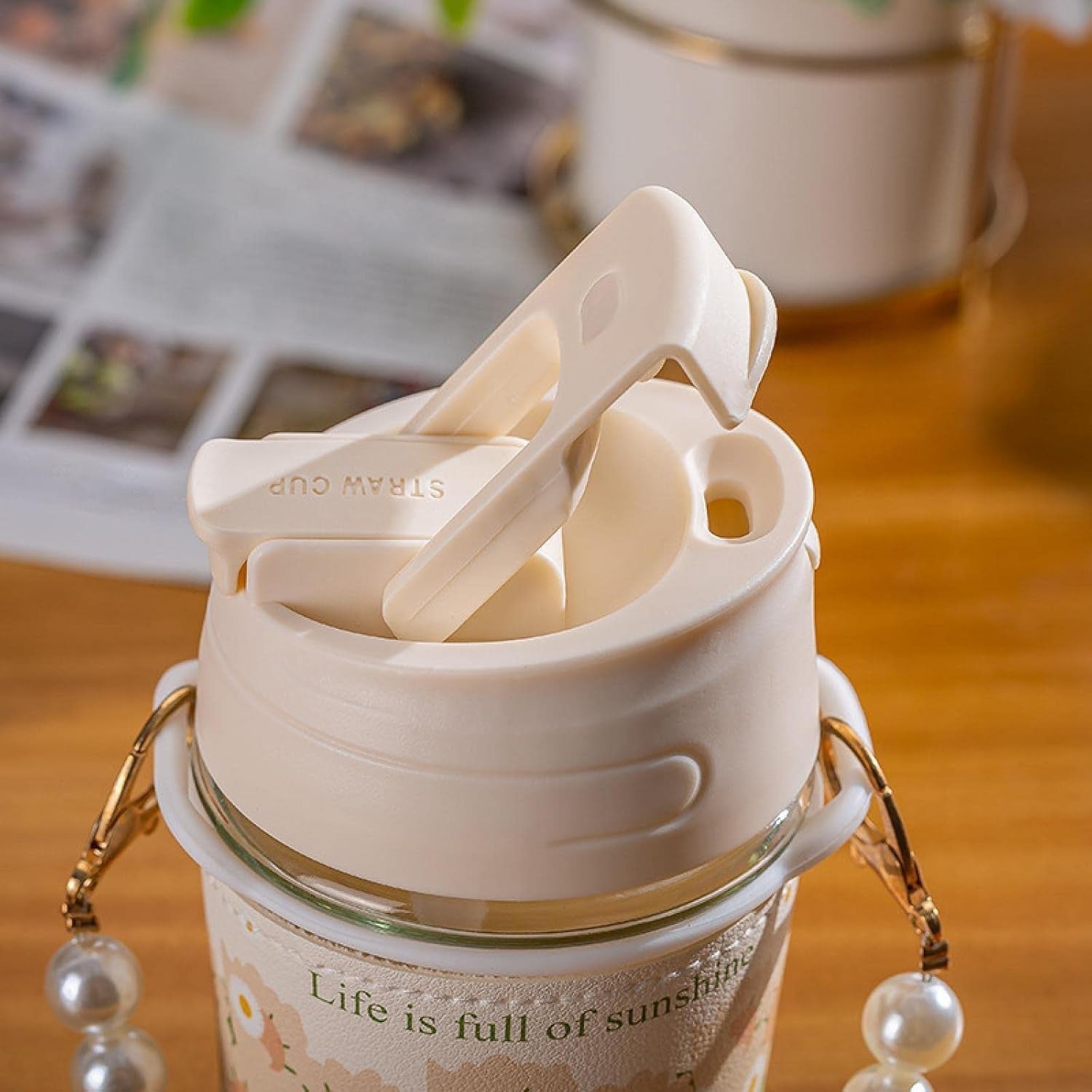 White Pearl Moti Mug Glass Coffee Mugs with Pearl Chain Belt & Sleeve, Reusable Travel Sipper with Double Drink Straw and Lids
