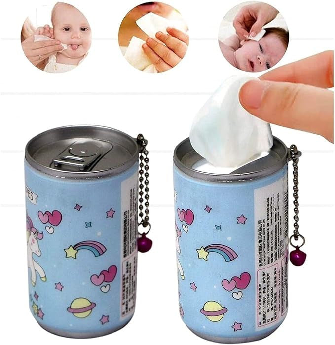 30-Pieces Mini Wet Wipes Tissue in Cartoon Printed Tin Can for Cleaning Face Body for Kids Girls Men Women, Wet Wipes Napkin, Portable Tin Wet Wipes