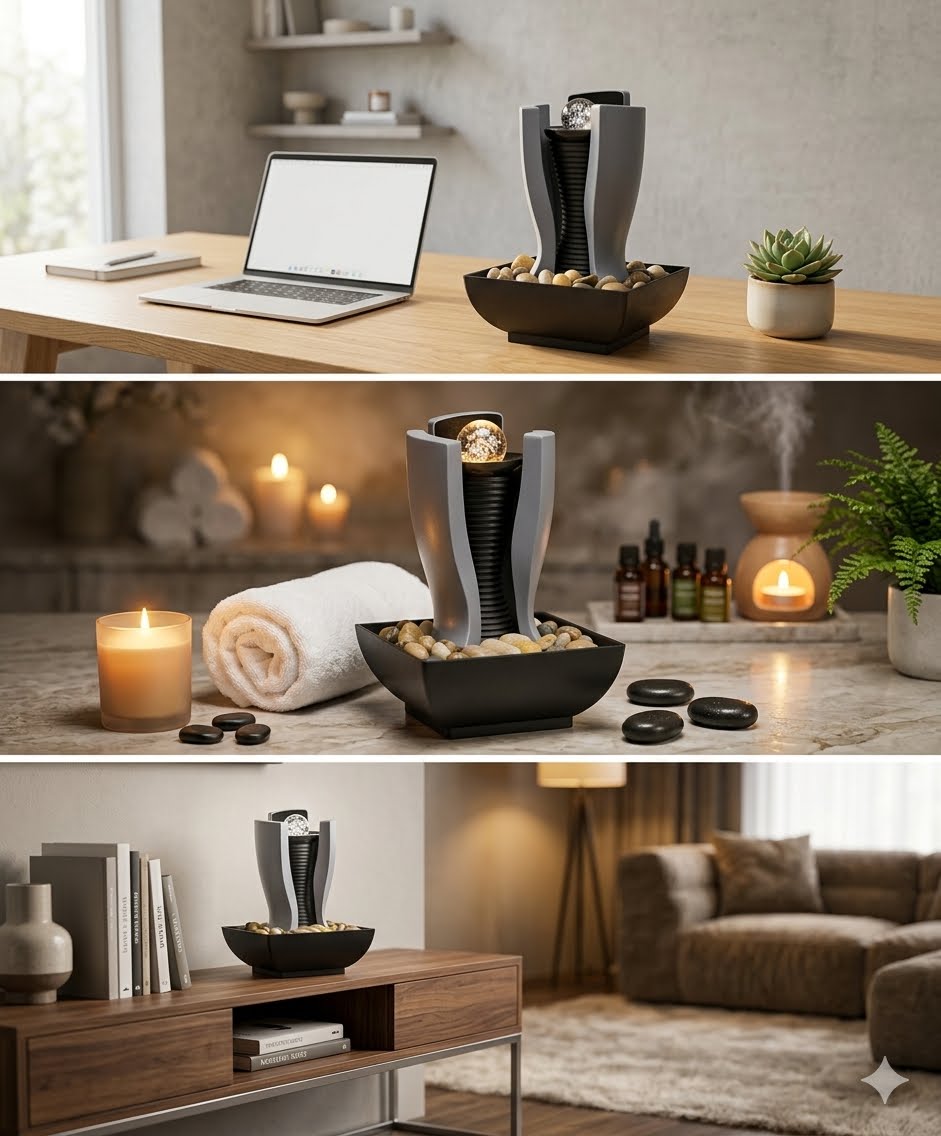 Find Your Calm — Right at Your Desk - Indoor Tabletop Water Fountain for Home & Office | Decorative Zen Waterfall Showpiece with Crystal Ball & Pebbles | USB Powered Relaxation Fountain for Living Room, Bedroom &Meditation