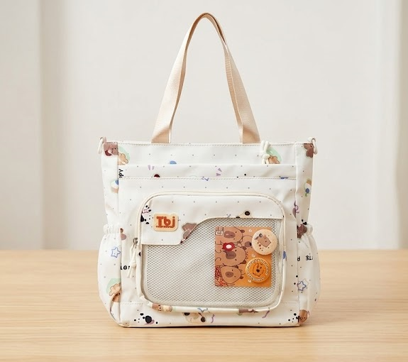 Cream canvas tote bag with cute bear and star print, front mesh pocket, and leather-look badge detail