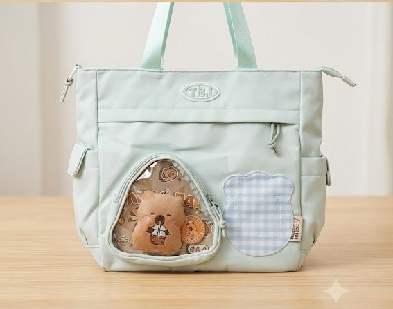 Mint green structured tote bag with triangular transparent bear window pocket and gingham patch detail