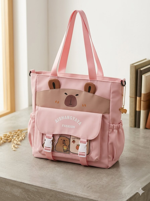 Pink capybara bear tote bag with 3D face, transparent window pocket, gold charm and side pockets