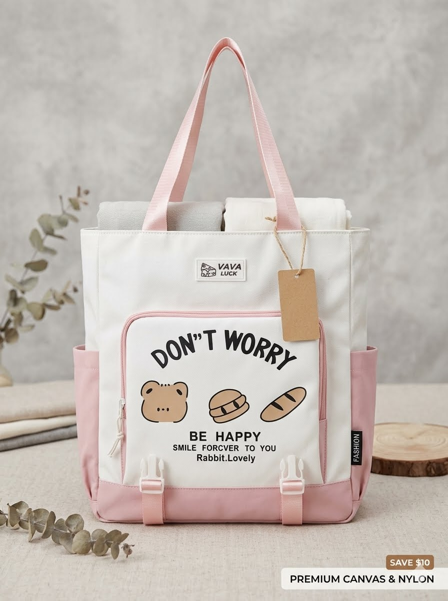White and pink canvas nylon tote bag with Don't Worry Be Happy graphic print, front zip pocket and side pockets